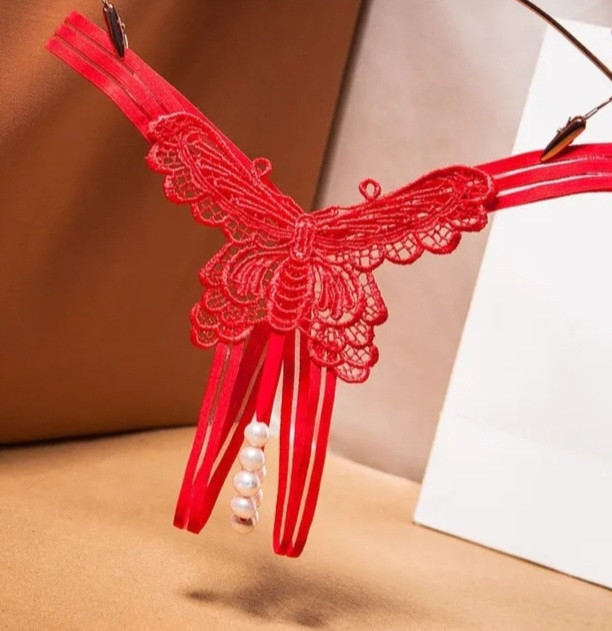 Сексуальні стрінги з метеликом та намистинками червоні - розмір універсальний, резинка до 100см Київ - фото 1