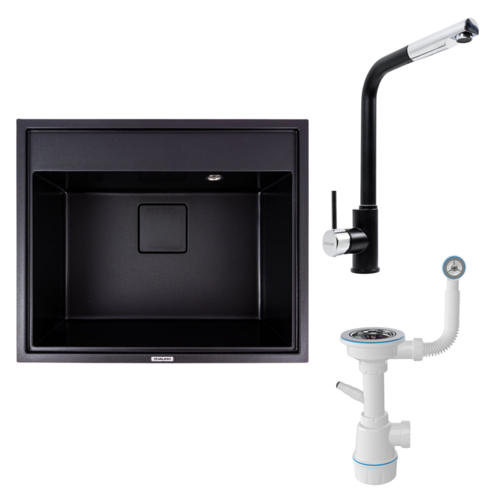 VALESO Комплект: Мийка гранітна 6050 SHERLIT VALESO + Змішувач Q411MB + Сифон (Чорний) Киев - изображение 1