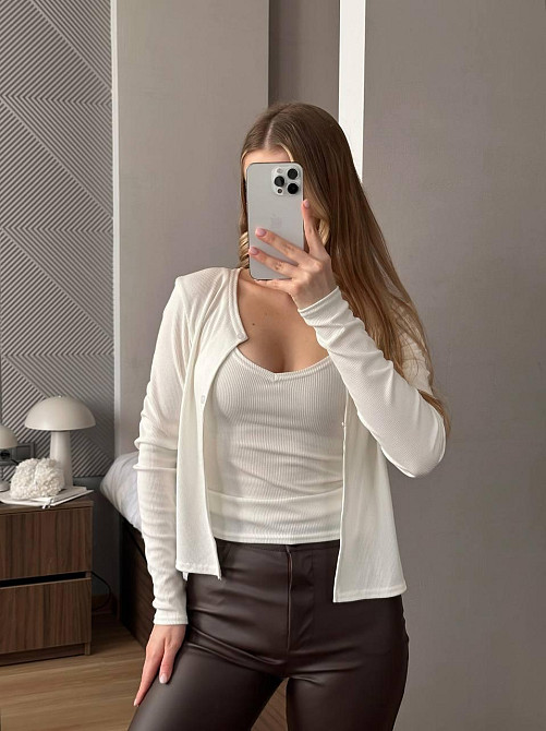 Женский базовый повседневный комплект из майки и кофты трикотаж рубчик Молочный, 44/46 Одесса - изображение 4