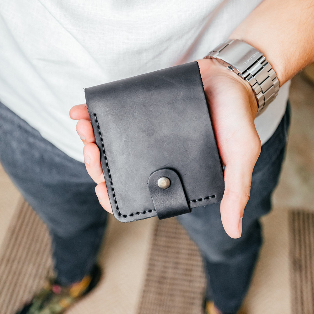 Гаманець чоловічий з натуральної шкіри Crazy Horse, місткий гаманець на кнопці, чорнийMasterSem Київ - фото 1