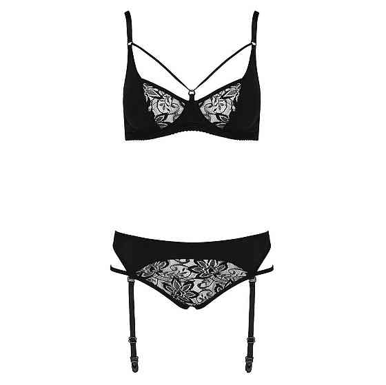 Комплект білизни Passion PAULINE SET L/XL, black, стрепи, ліф, стрінги і пояс для панчох Sex Aura Київ