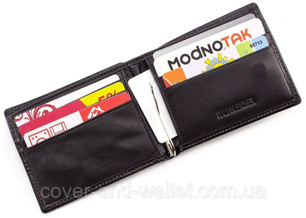 Маленький мужской кошелек c зажимом на магнитах из гладкой кожи ST Leather Черный Киев - изображение 3