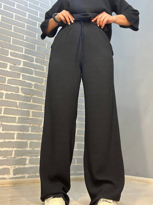 Костюм женский 1005-0712 жаткая рубашка короткий рукав разрезы и брюки палаццо черный, черный, M Киев - изображение 17