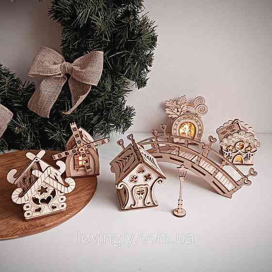 Новорічне дерев’яне містечко з LED підсвіткою — набір будиночків для дому, подарунок і святковий декор Ірпінь