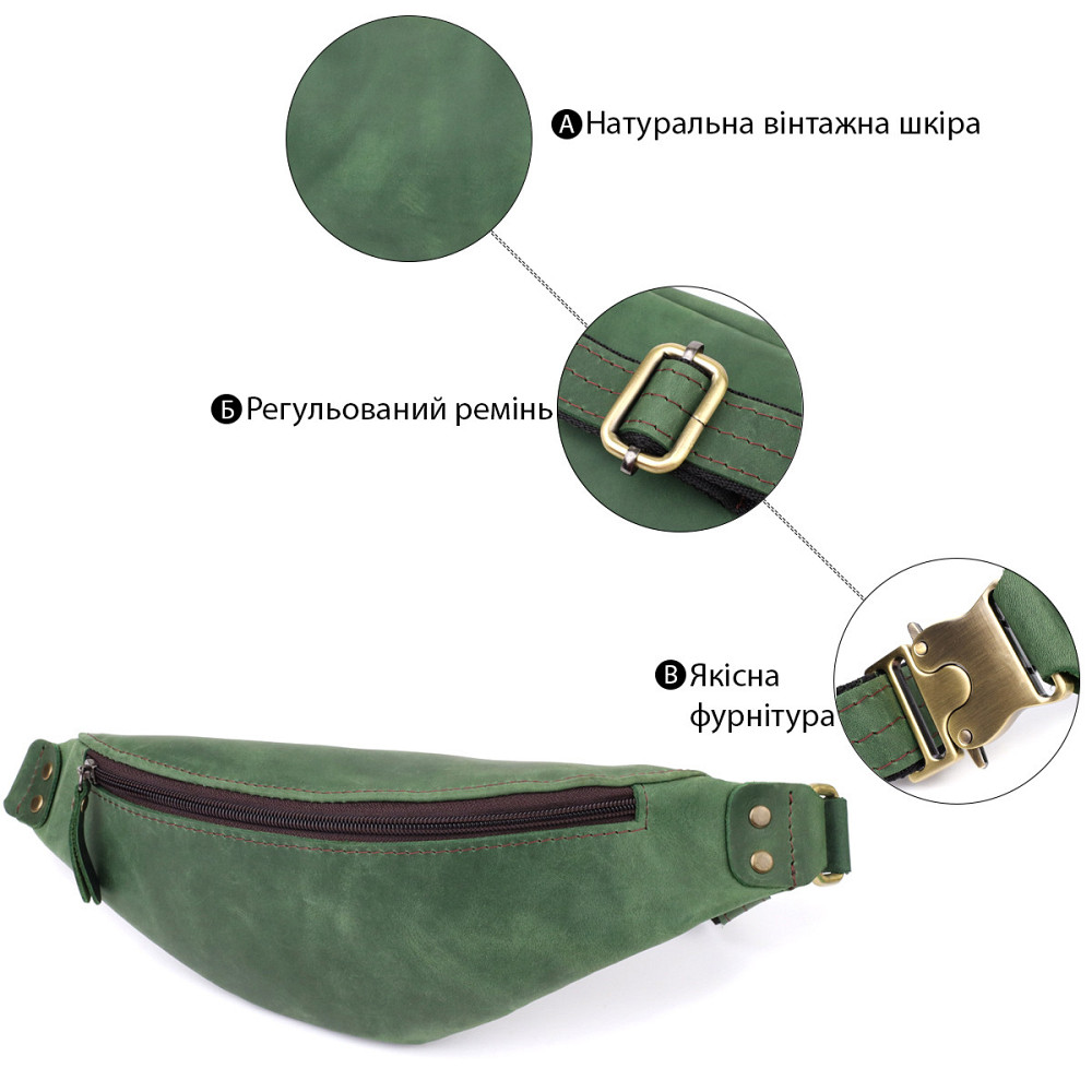Вместительная бананка для мужчин из натуральной винтажной кожи Shvigel 23133 Зеленый Киев - изображение 4