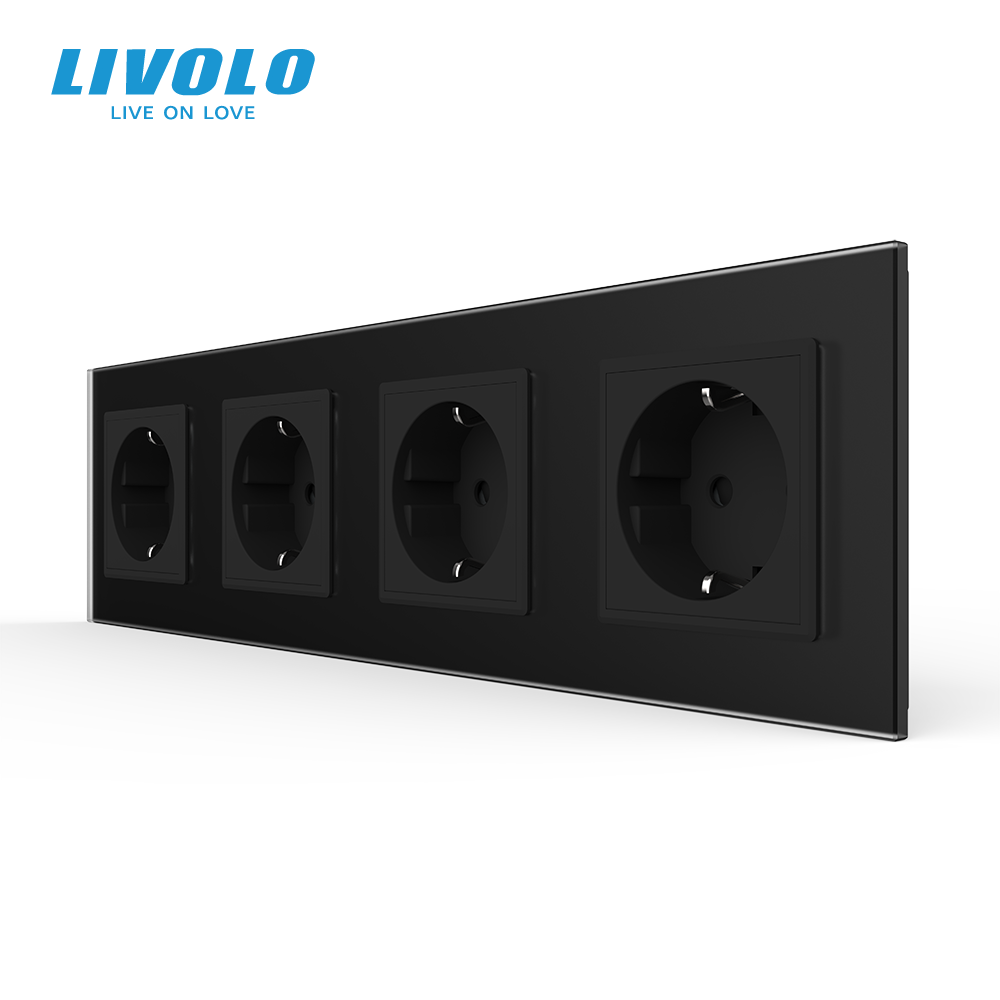 LIVOLO Чотиримісна електрична розетка з заземленням LIVOLO, чорна, скляна матова рамка, шторки, Коломия - фото 9