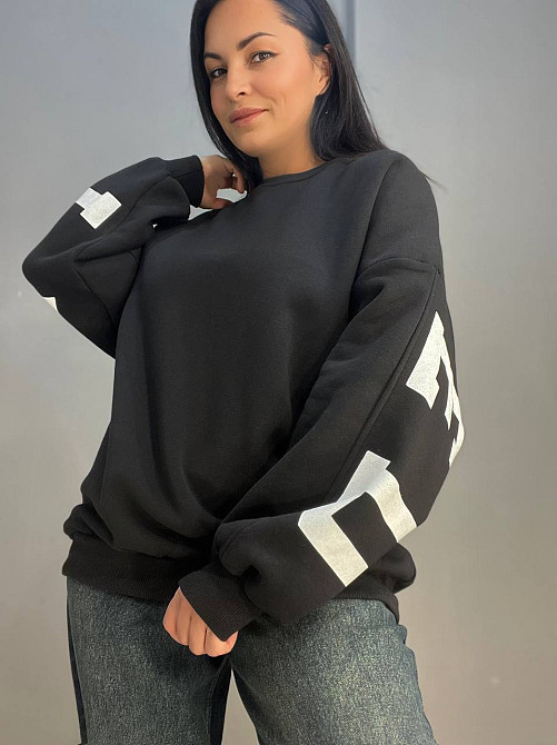 Свитшот женский DAVRAS 6000 оверсайз удлиненный надпись на спине PLEASED утепленный на флисе one size, черный, one size Киев - изображение 4