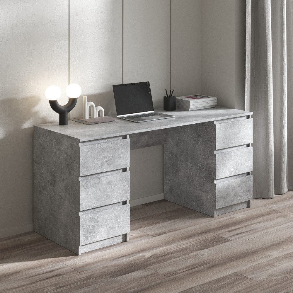 Комп’ютерний стіл VAYS R-2 Бетон, письмовий з 2 тумбами, 6 шухляд без ручок, ЛДСП 160×60×75 см – для дому, офісу, навчання Львів - фото 1
