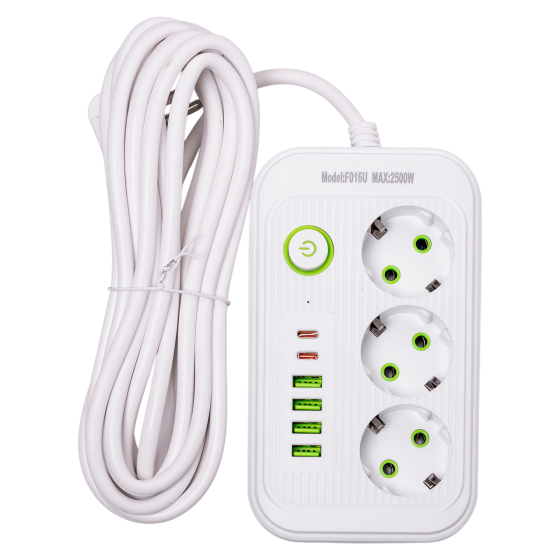 Сетевой фильтр кабель 4.75 м удлинитель F16 на 3 розетки 4 usb 2 type-c и кнопкой отключения Белый HP-5-21 Киев