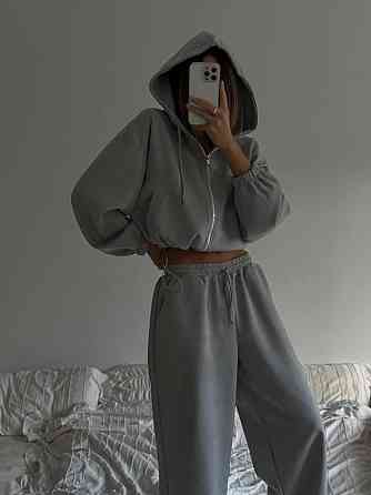 Женский базовый костюм двойка: кофта и брюки замша Серый Одесса