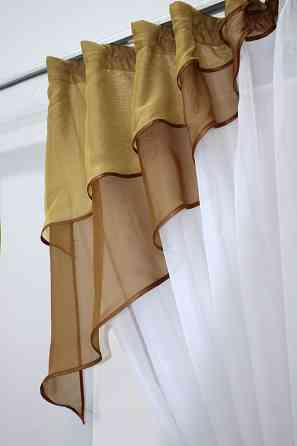 Кухонная занавеска VR-Textil № 114к ламбрекен и тюль белый с коричневым и золотистым 280х170 см (52-0556) Киев