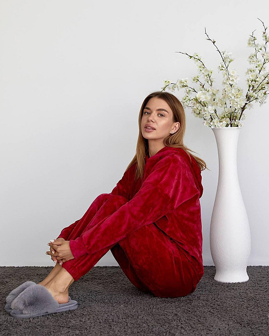 Женский велюровий костюм с капюшоном Вишневый S Харьков - изображение 3