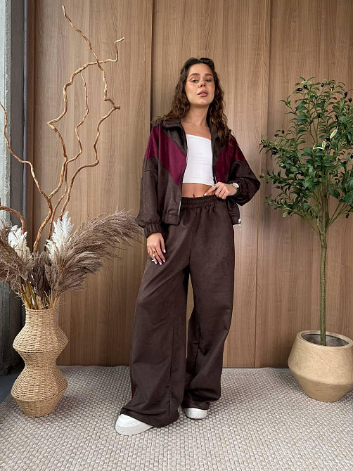 Женский стильный повседневный костюм двойка из замша на дайвинге Шоколад Одесса - изображение 8