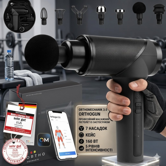 Перкусійний Масажний пістолет OrthoMechanik 3.0 OrthoGun: Професійний перкусійний масажер 160 Вт, 7 насадок, 3200 об/хв, Кейс Київ