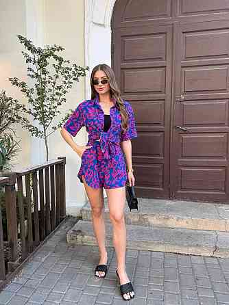 Женский легкий принтованный костюм двойка: рубашка и шорты турецкая креп-жатка Электрик, 48 Одесса