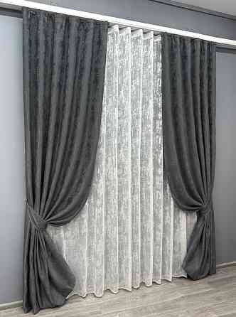 Комплект штор VR-Textil Жаккард Мрамор 150х270 2шт и Тюль 600х270 1123ш-1400т Графитовый с белым 71-003/5 Киев