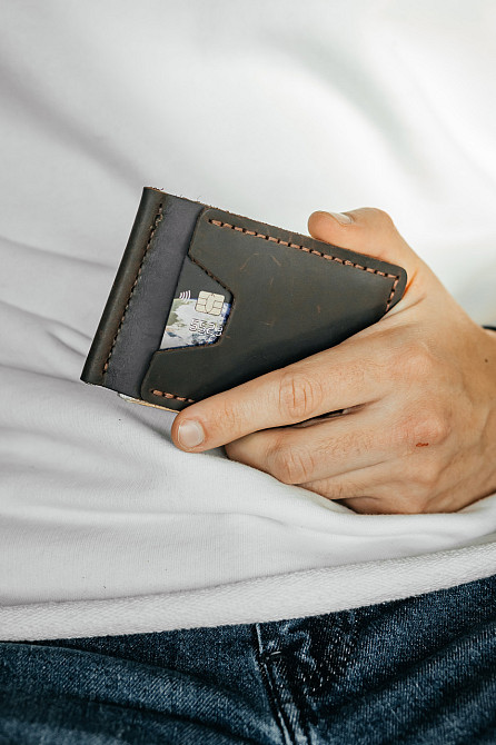 Чоловічий гаманець із натуральної шкіри, чорний місткий гаманець, чоловічий на кнопці гаманець із Crazy HorseMasterSem Київ - фото 6