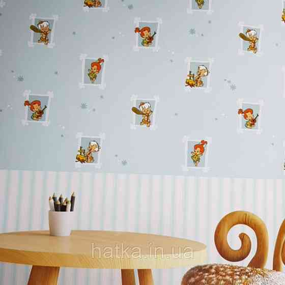 Обои виниловые на флизелине AdaWall Ada Kids метровые детские мультфильм Флинтстоуны картинки  на голубом фоне Киев