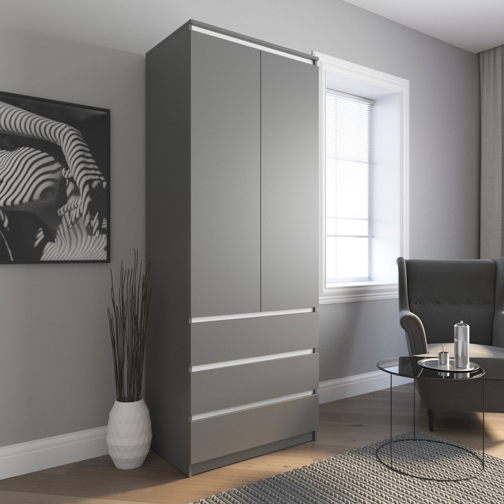 Шафа для одягу VAYS R-9 Антрацит-Білі планки, 3 шухляди, штанга, без ручок, ЛДСП, 80×50×211 см – для спальні, вітальні, передпокою Львів - фото 1