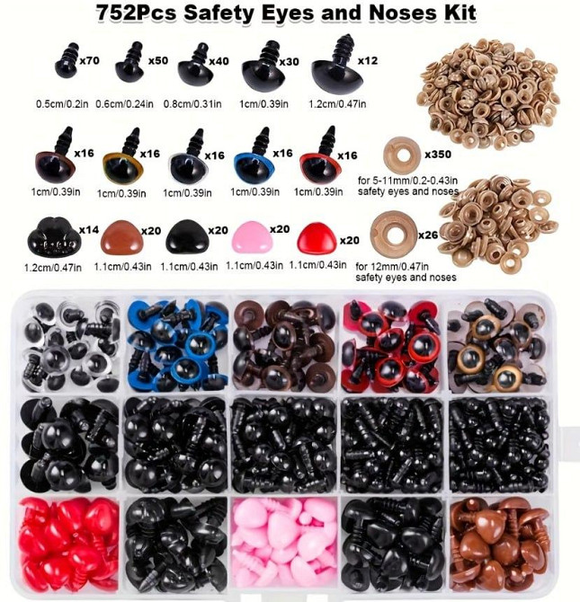 Набор безопасных глаз и носиков для игрушек 752 шт, разные размеры и цвета, органайзер Киев - изображение 2