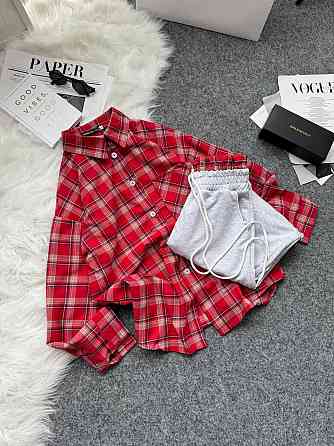 Женский повседневный костюм двойка: рубашка в клетку и штаны фланель + двунитка. Красный, 48/52 Одесса