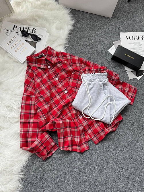 Женский повседневный костюм двойка: рубашка в клетку и штаны фланель + двунитка. Красный, 48/52 Одесса - изображение 5