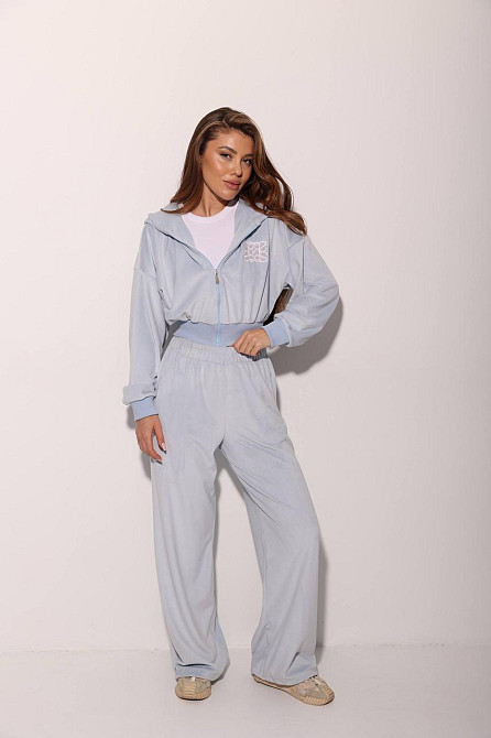 Женский прогулочный костюм двойка: кофта на молнии и брюки велюр Голубой, 42/46 Одесса - изображение 1