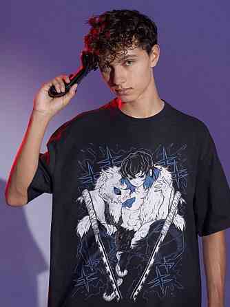 Футболка чоловіча з аніме принтом Вбивця демонів оверсайз (S/M/L) Чорний AnimeJ1180 Дніпро