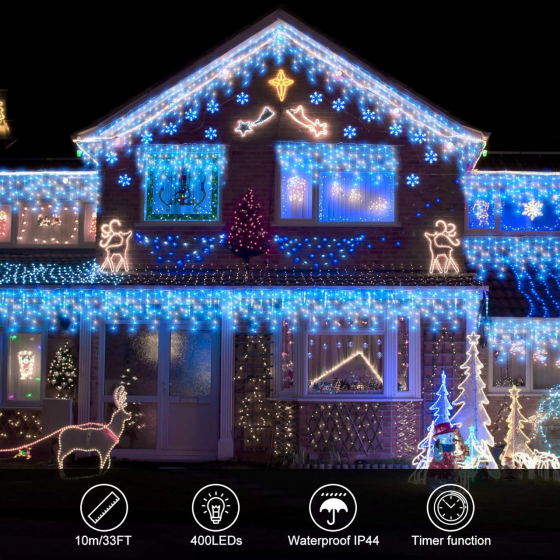 Вулична гірлянда-бахрома 10 м 400 LED синій+білий | Шторні світлодіоди з таймером, 8 режимів, IP44 Київ