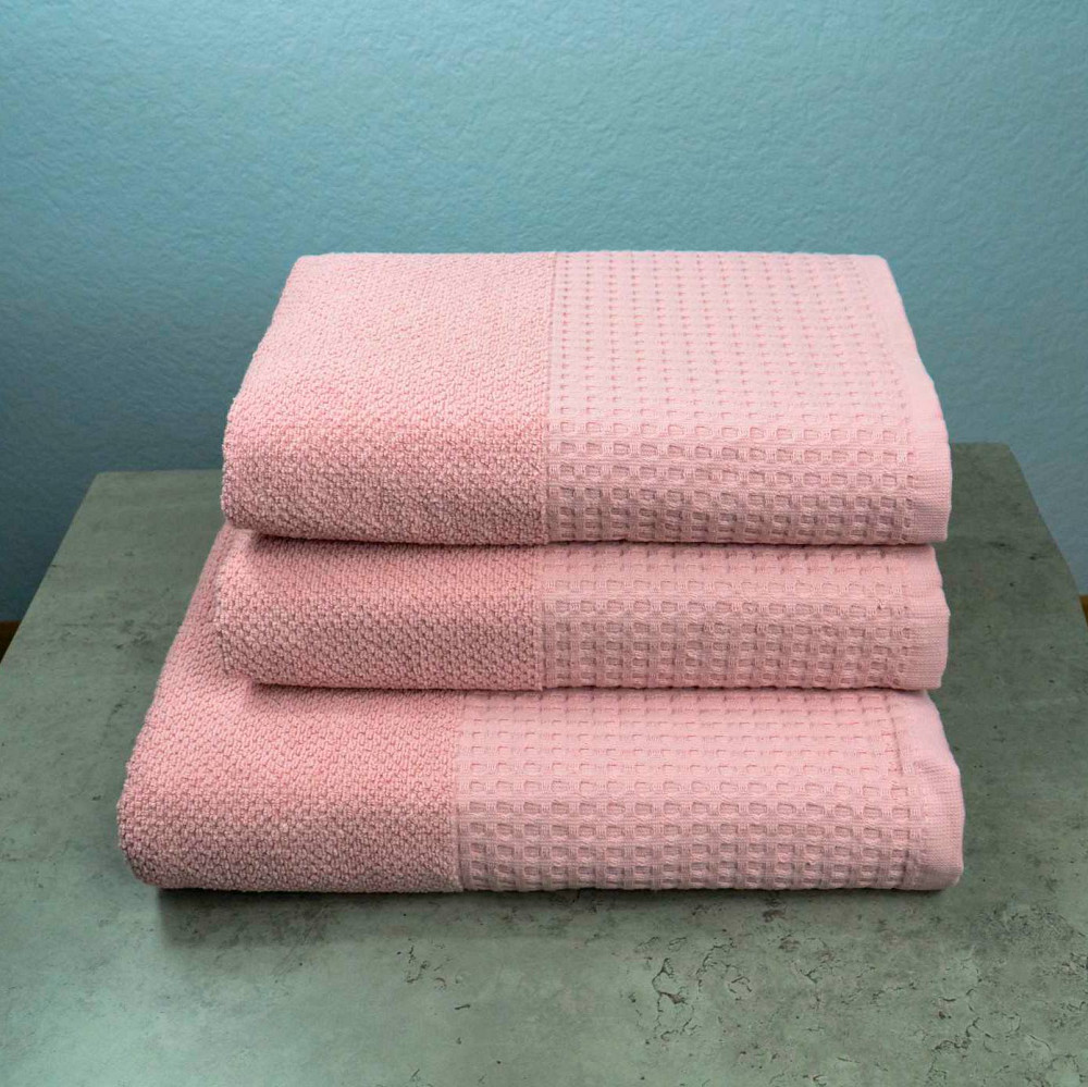 Комплект махровых полотенец Вафельный Бордюр 3шт GM Textile 50х90см, 50х90см, 70х140см 500г/м2 (Розовый) Сумы - изображение 1