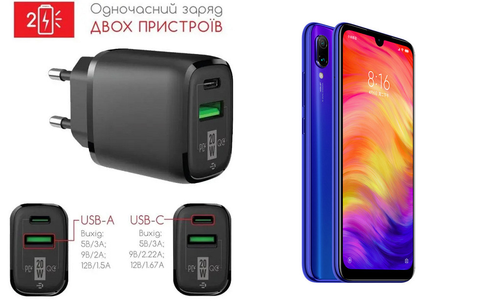 Сетевое зарядное устройство для Xiaomi Redmi Note 7, 20W 3A, Quick Charge 3.0 Киев - изображение 1