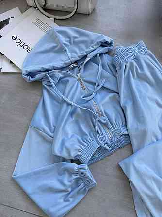 Жіночий прогулянковий оверсайз костюм двійка: кофта та штани турецький велюр Блакитний Одеса