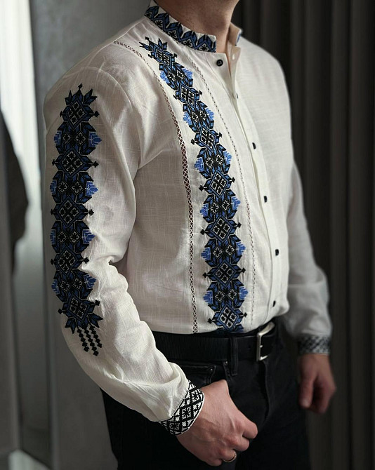 Мужская вышиванка в традиционном украинском стиле домотканый лен Белый, 48 Одесса - изображение 2