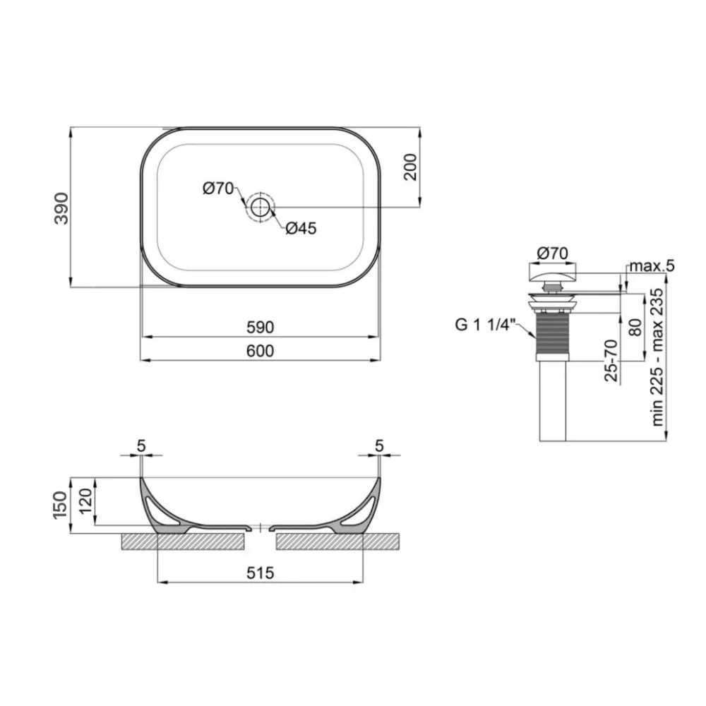 Комплект Qtap Robin: Раковина накладная прямоугольная 600x390x150 мм White + Донный клапан PU02 Киев - изображение 2