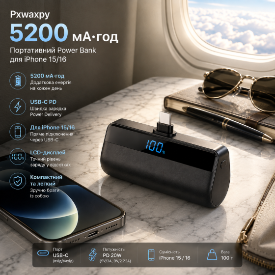 Повербанк Pxwaxpy 5200 мА·ч для iPhone 15/16, USB-C PD, быстрая зарядка, мини Power Bank с LCD-дисплеем, черный Киев