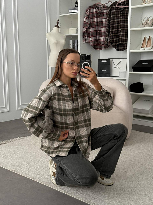 Женская оверсайз рубашка в клетку на пуговицах турецкая фланель-байка 100% хлопок Оливка Одесса - изображение 10