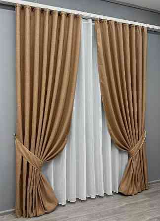 Комплект штор VR-Textil льон преміум ELEMENTA 150х270 2шт і Тюль 400х270 1865ш-115т світло-коричневий з білим 71-071/3 Київ