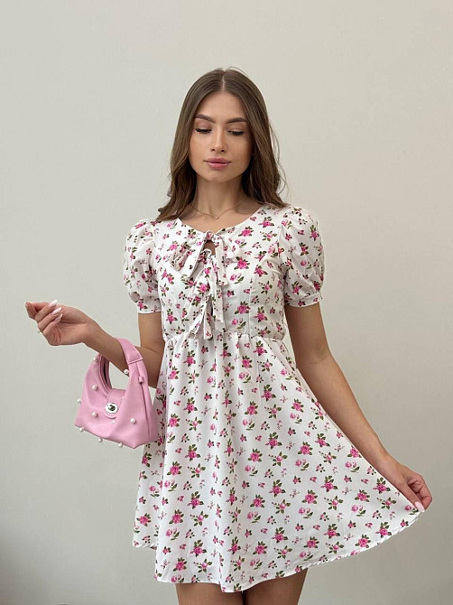 Женское легкое романтическое мини платье в цветочный принт турецкий софт Белый 3, 44/46 Одесса - изображение 1