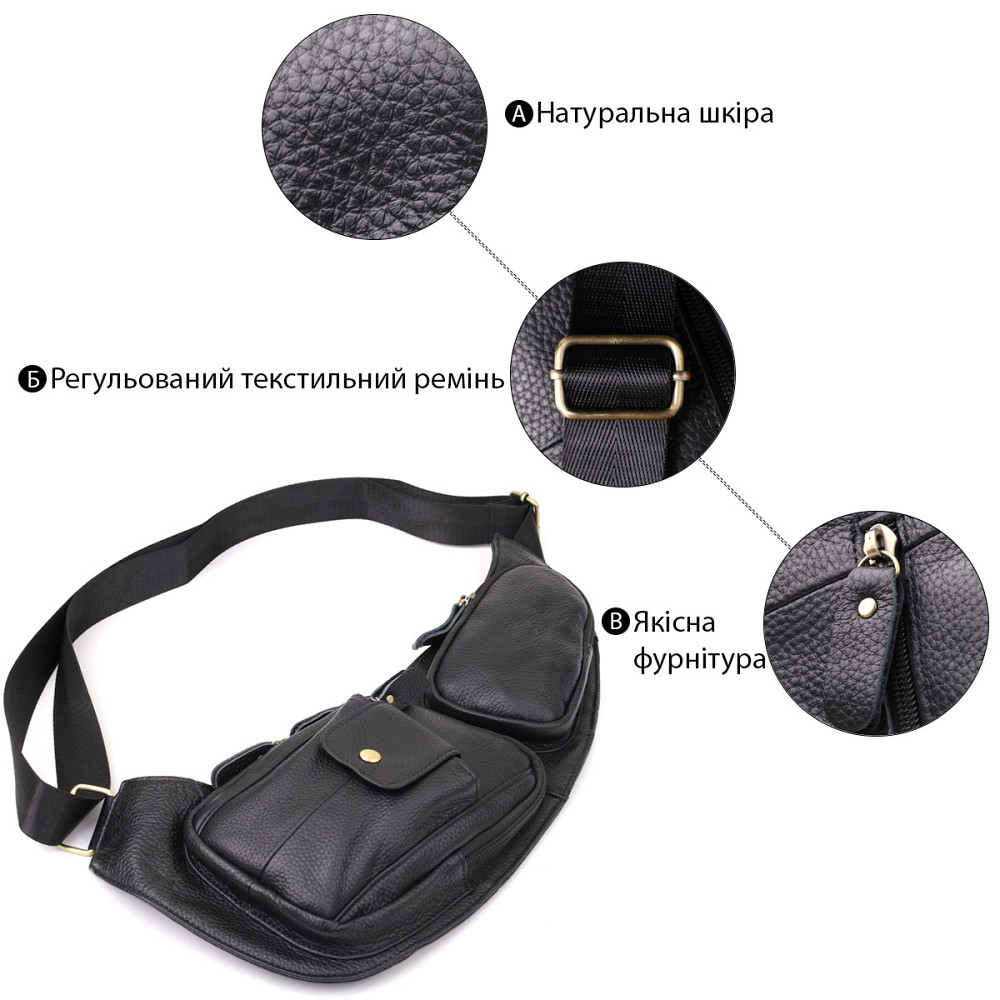 Чоловіча сумка з великою кількістю кишень із натуральної шкіри Чорний (Vintage) Київ - фото 8