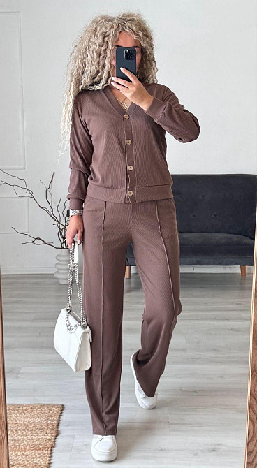 Женский стильный повседневный костюм двойка: кардиган на пуговицах + брюки трикотажный рубчик Мокко, 52/54 Одесса - изображение 3