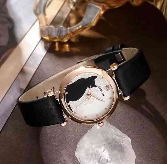 Подарочный набор для женщин Кот наручные часы браслет кольцо ожерелье и серьги без подарочной коробки черный Киев