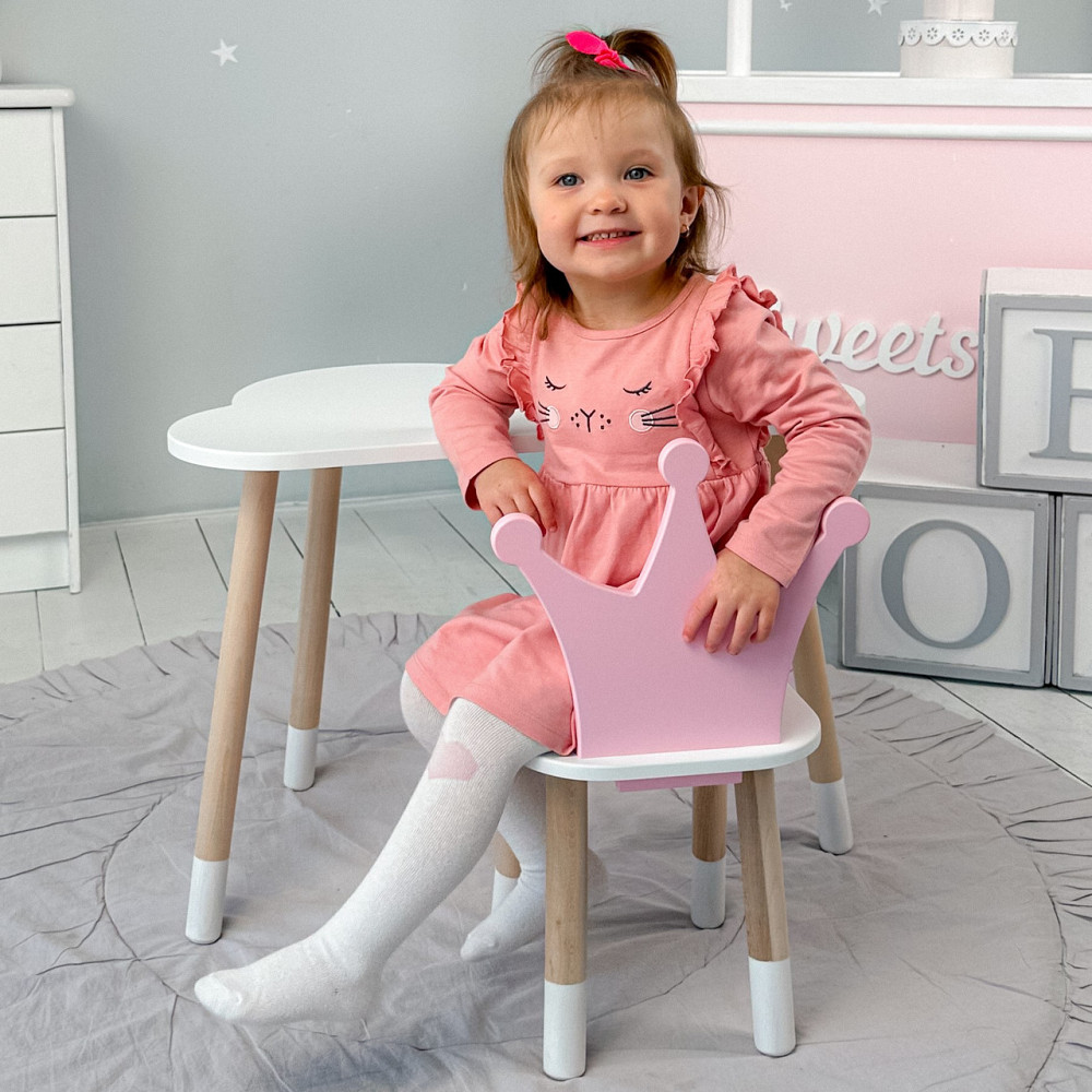 Деревянный столик и стульчик для ребенка уютный набор для дома и детсада Стол белый тучка и стул корона розовы Киев - изображение 3