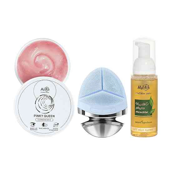 Набір для двоетапного очищення та масажу з бальзамом, мусом, що очищає, і ультразвуковою електрощіткою SET PINKY QUEEN MyIDi Київ