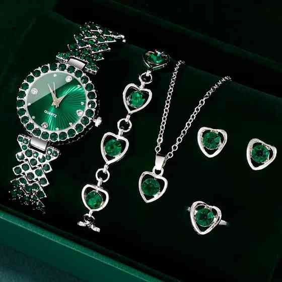 Жіночий подарунковий набір Emerald Shine годинник браслет кольє сережки каблучка зелений Київ