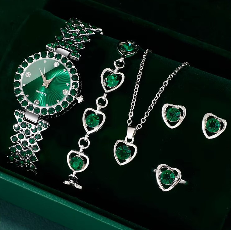 Жіночий подарунковий набір Emerald Shine годинник браслет кольє сережки каблучка зелений Київ - фото 1