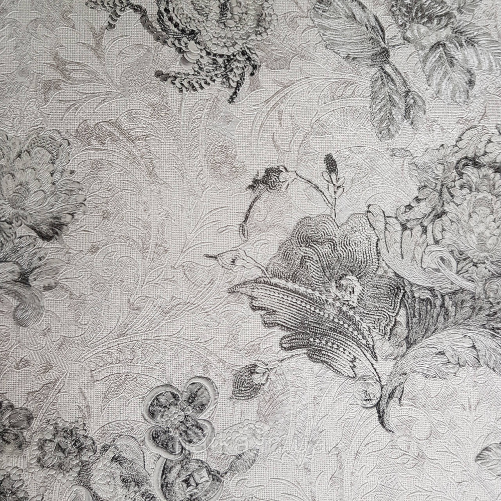 Шпалери метрові вінілові на флізелін Yuanlong Samsara бароко квіти вензель чорні на білому сріблясті Київ - фото 2