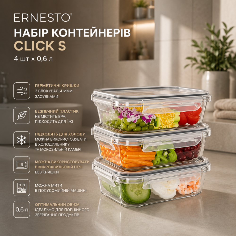 Набор контейнеров для продуктов ERNESTO Click S 4 шт, по 0,6 л, герметичные пластиковые контейнеры для хранения пищи Киев - изображение 3