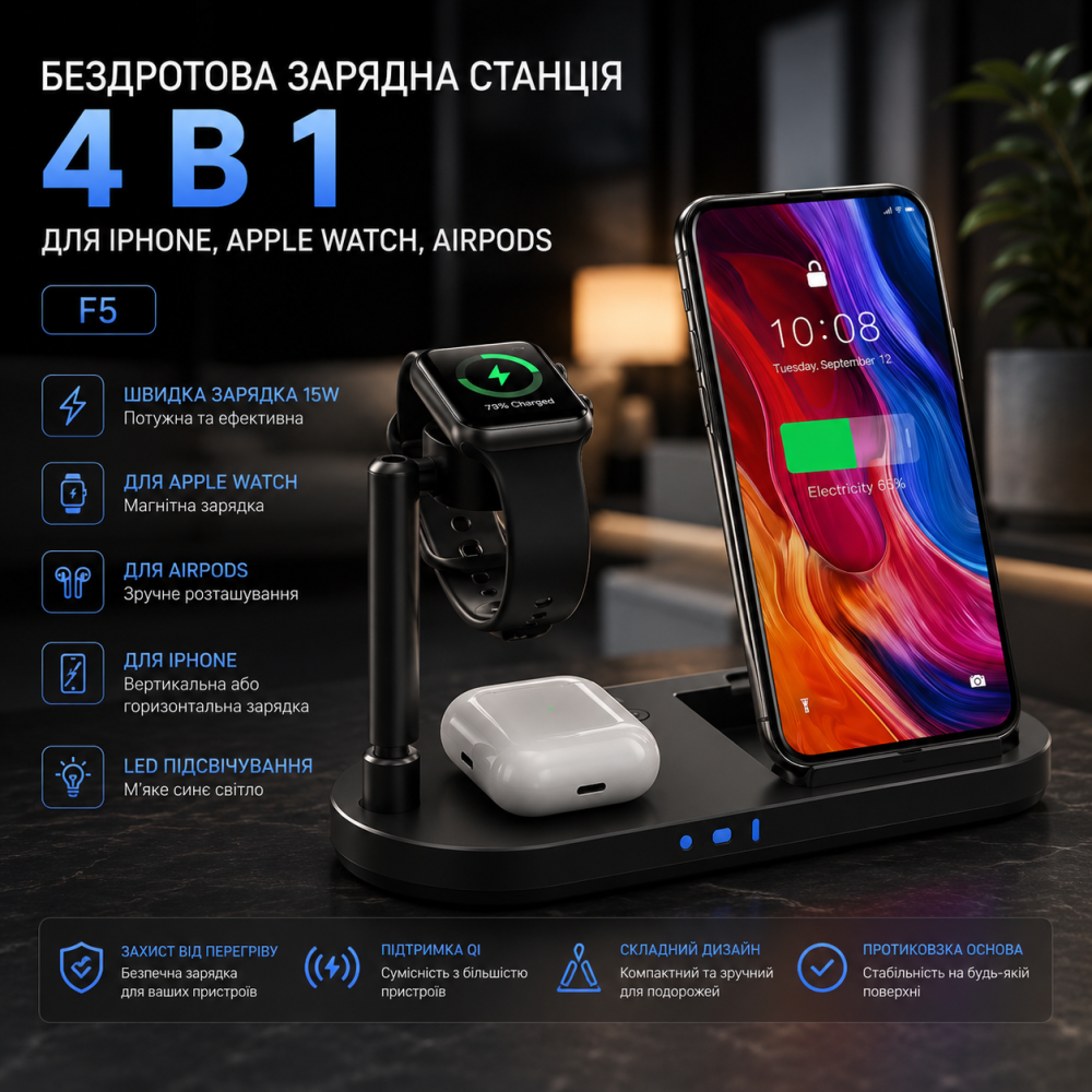 Бездротова зарядна станція 4 в 1 F5 для iPhone, Apple Watch, AirPods Швидка зарядка 15W з підсвічуванням Чорна Київ - фото 1