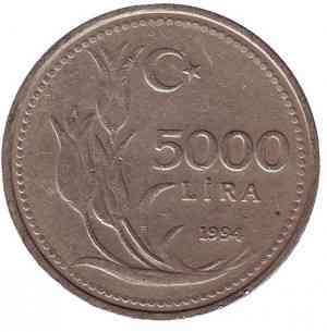 Монета 5000 лир. 1994,95,92 год, Турция. (Г) Полтава