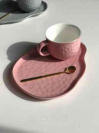 Чашка з блюдцем і ложкою 150 мл 20*15 см "Добрий ранок" Olens рожева Київ